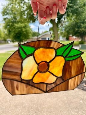⚡️SALE⚡️🌼 Vintage Stained Glass Hanging Panel Sun Catcher - Yellow Orange Flower